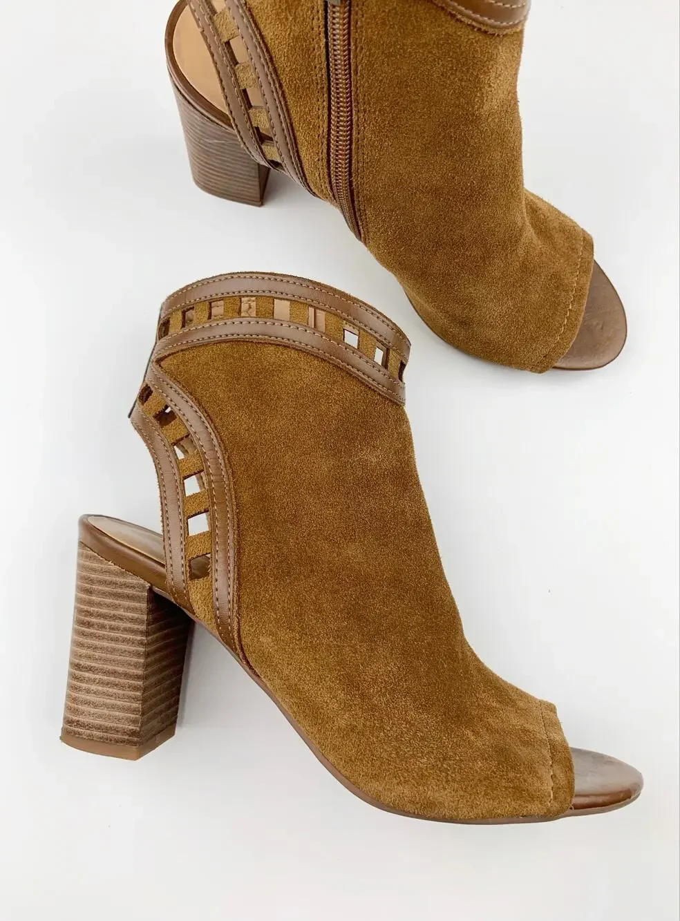 Franco Sarto Greenwich Peep Toe Cutout Booties Brown Ankle Boots Women's 6.5
